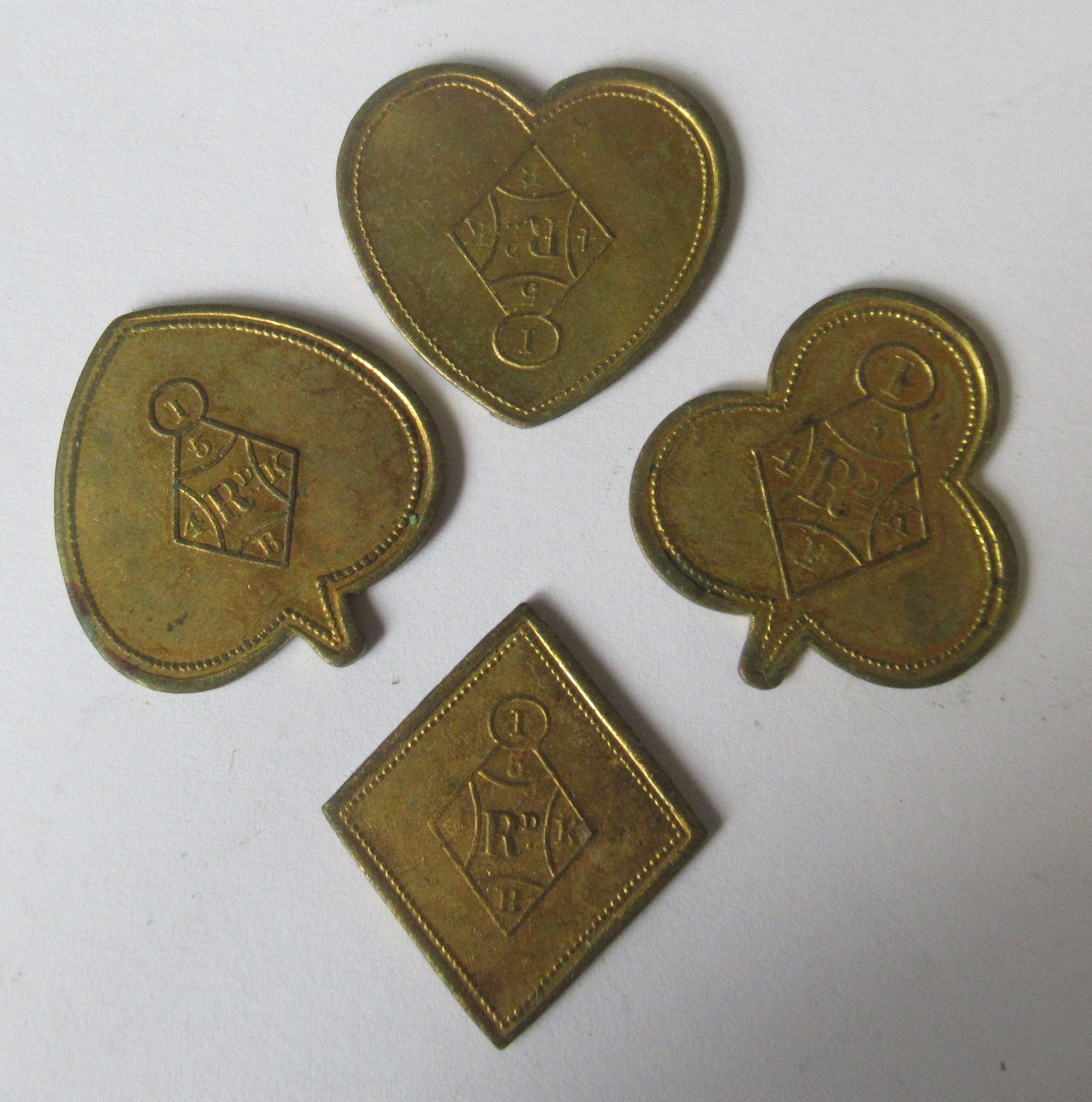 A set of four Victorian gilt metal tokens, formed as the four playing card suits - Image 2 of 2