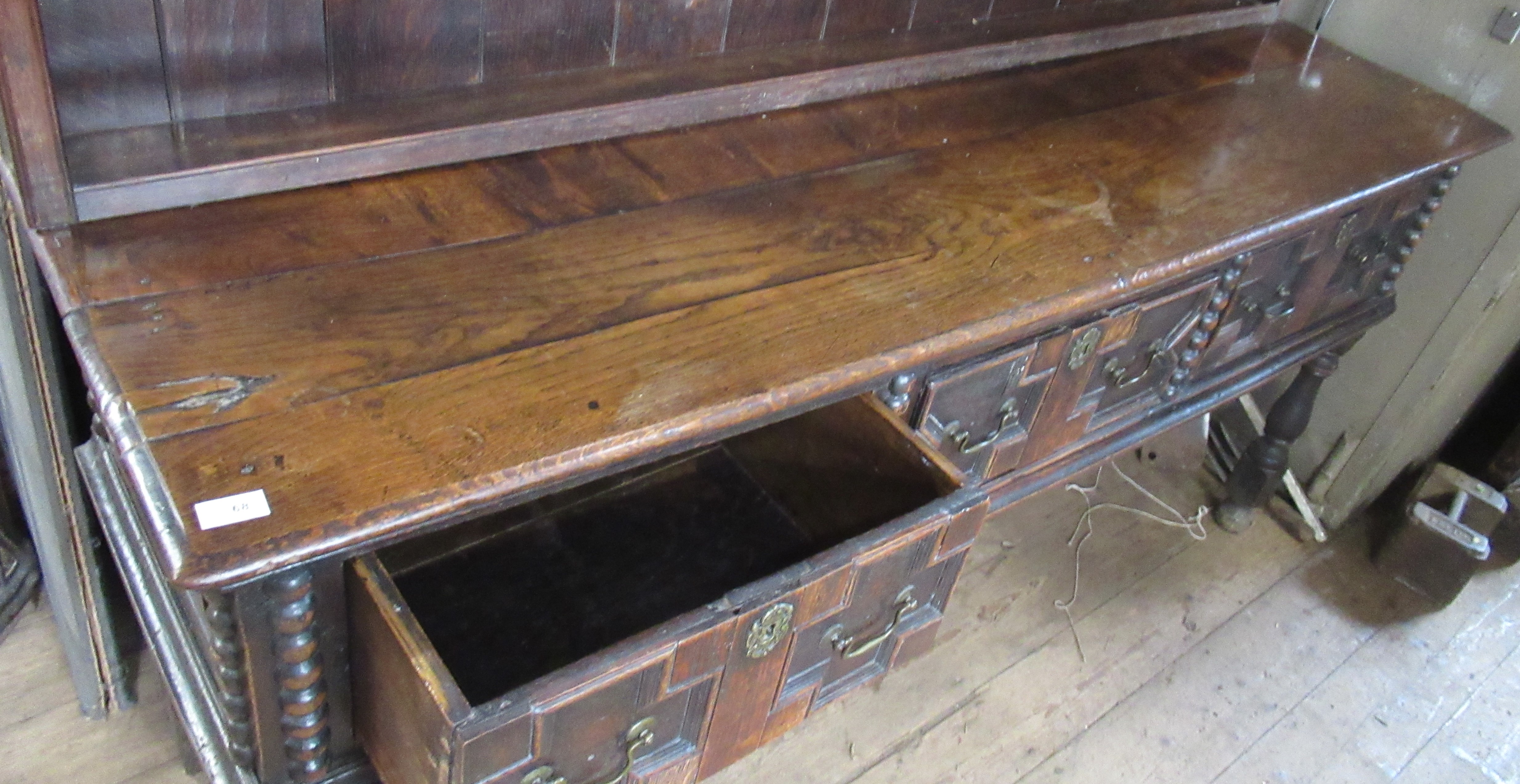 An Antique oak dresser, with boarded plate rack over, the base having moulded drawer fronts, width - Image 8 of 8