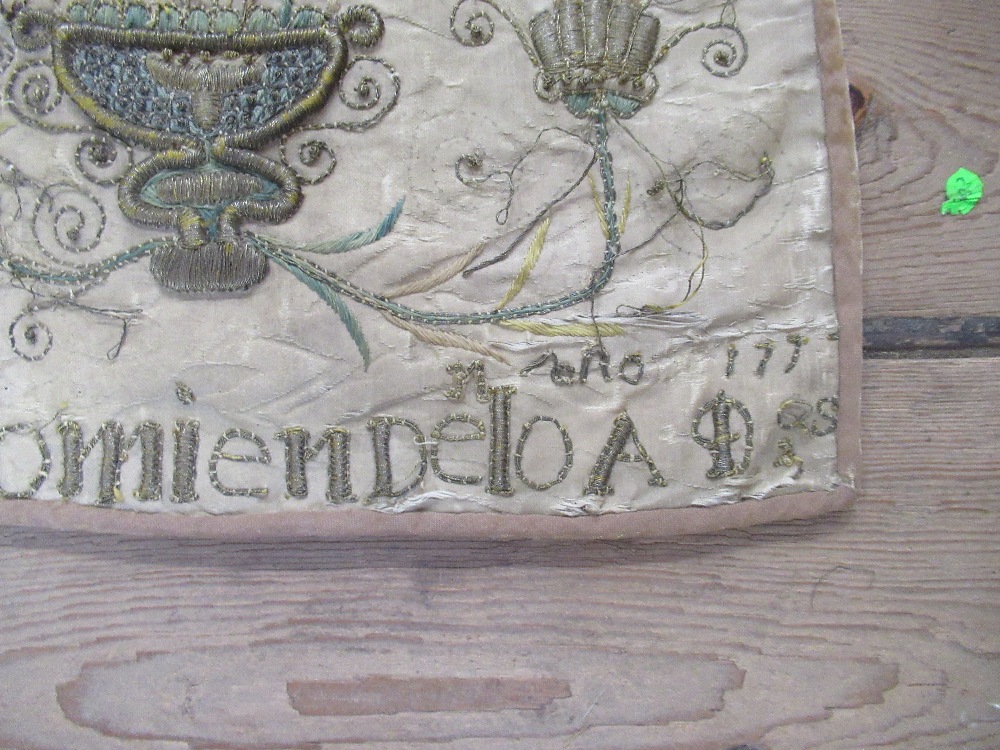 A square antique needlework panel, a central sunburst motif with cross over with further - Image 2 of 6