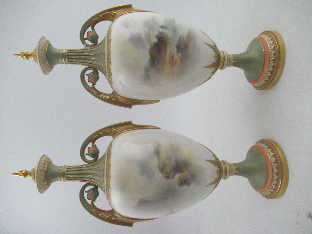 A pair of Royal Worcester covered vases, decorated with Highland Cattle in landscape to the front - Image 6 of 11