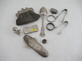 A collection of silver, to include a double sovereign case, spectacles case, tale spoon, sugar tongs