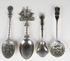 Four assorted Dutch and continental silver spoons, with ship decoration, total weight of silver