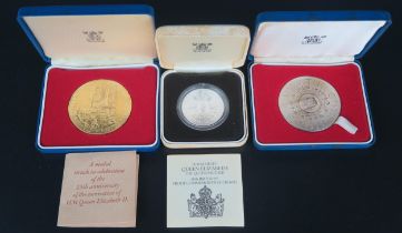 A Royal Mint Silver Gilt 25th Anniversary of QEII Coronation (boxed with COA, 88.2g), QEII Silver