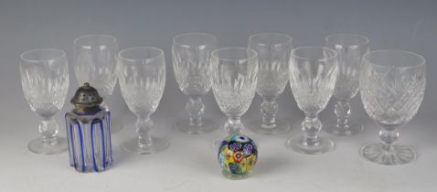 A set of eight Waterford crystal liquor glasses one other wine glass, paperweight and blue glass