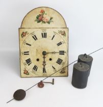 A late 18th century wall clock, with painted wooden arched 30cm dial, with painted floral sprays