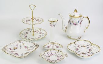 Royal Crown Derby Royal Antoinette Pattern assorted tea wares including teapot, two tier cake stand,