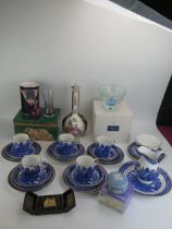 A mixed collection of ceramics and glass wares including German porcelain bottle vase, Willow