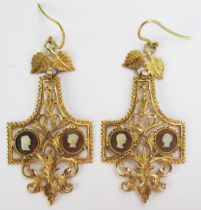 A Pair of 19th Century Precious Yellow Metal and Shell Cameo Pendant Earrings, 64mm drop, KEE tested