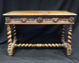 A 19th century oak side table in the Carolean taste, the rectangular top with floral carved edge