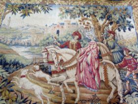 A French machine woven tapestry with wooden hanging rail titled ' The Royal Hunt' by Marc Waymel,