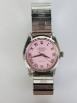 A Gent's ROLEX Air-King Steel Cased Wristwatch, ref: 5500, pink dial with Roman numerals, 34mm