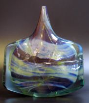 A Mdina variegated green and blue glass axe head vase, inscribed to the base Mdina Glass 1972,