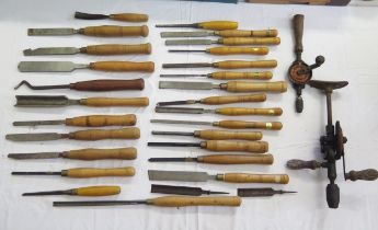 Collection of Lathe or Wood Turning Tools including Ashley Iles, Marples etc. and two hand drills