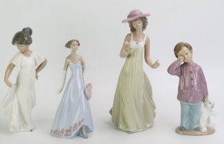 Lladro and Nao, four assorted porcelain figurines, young girls and both with a teddy bear. (4)