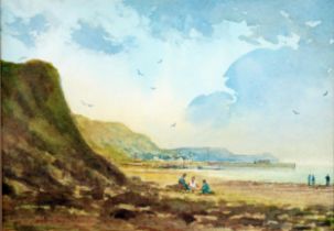 N Bradley-Carter, 'Fossil Hunters at Lyme Regis' Watercolour, signed bottom left, 12.5 x 18cm. F &