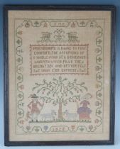 A George V sampler, with central verse with shepherd and shepherdess beside a tree, enclosed by a