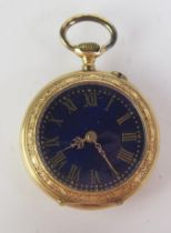 A Ladies 18ct Gold and Enamel Ladies Fob Watch, 25.85mm diam., 14.2g gross