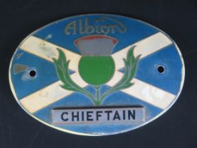 An oval chrome name plate for Albion Chieftian lorry, with thistle and St Andrews cross, 10 x 14cm