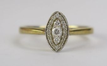 A 9ct Gold and Diamond Marquis Ring, .15ct, various stamped marks, largest stone 2.39mm, 9.9x5.6mm