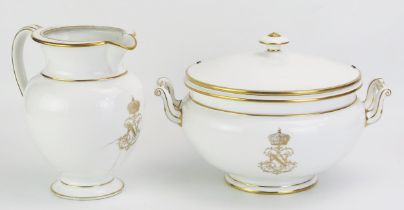 A 19thC Sevres porcelain circular tureen and cover, on a white ground with gilt borders and