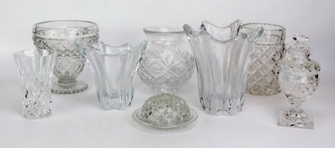 Two Daum glass vases of flared form, together with clear glass cordial jug, vases, bowls and covers.