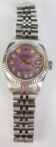 A Ladies Rolex Datejust Steel Cased Wristwatch with mother of pearl and diamond dial, ref:69174,