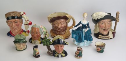 Three large Doulton character jugs, Falstaff, The Juggler, Aramis, smaller jugs include, Captain