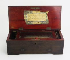 A 19th century Swiss musical box, playing four airs, the 15cm cylinder with ratchet lever winding,