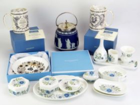 A Wedgwood 'Clementine' pattern dressing table set, includes pin tray boxes, dishes, vases etc, a