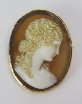 A 19th Century Shell Cameo Oval Brooch decorated with a female bust in profile in a precious