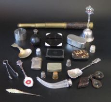 A 19th century three-draw telescope, brass caddy spoon, magnifying glass and other collectables,