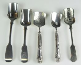 A collection of four silver and one plated shovels, various makers and dates, includes two with