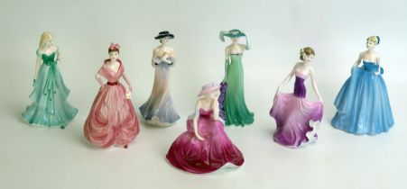A collection of seven Coalport figurines, includes "In Love", "Debutant of The Year", "Mirinda", "