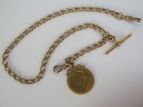 A 15ct Gold Curb Link Albert with T-bar and Queen Victoria 1893 Double Sovereign, clips are 9ct,