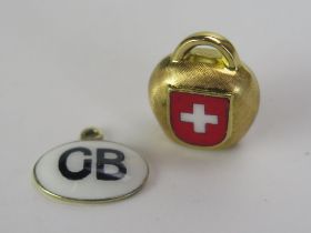 A 9ct Gold and Enamel GB 'Sticker' Car Charm (hallmarked 1.1g) and unmarked precious yellow metal