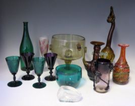 A mixed collection of retro glass and other glass wares, includes Mdina glass vase, two green