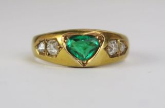 A Victorian 18ct Gold, Emerald and Old Cut Diamond Ring, c. 6.55x4.85mm principal heart shaped