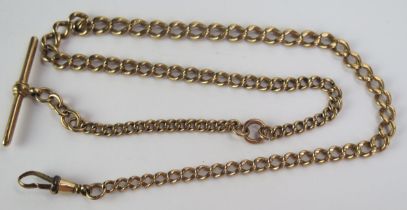 A 9ct Gold Albert with T-bar, hallmarked, rolled gold spring clip, 17.75", 45.5cm, 24.1g nett gold