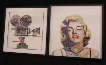 A Marilyn Monroe Decoupage 68x68cm overall and another of a movie camera, both framed and glazed