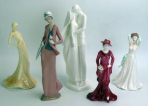 A Royal Doulton figure group HN2748 "Wedding Day", three Coalport figures, "Madrigal", "High