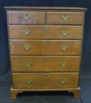 An 18th century oak chest in two parts, of rectangular outline containing two short and four long