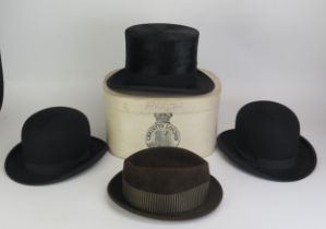 Christy' London, a gentleman's top hat, size 7, contained in its original card box, two bowler