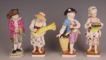 A matched set of four German porcelain figures, three depicting the seasons, mounted on square