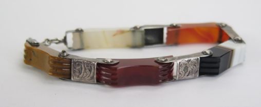 A 19th century Scottish White Metal and Specimen Agate Bracelet with chased foliate scroll