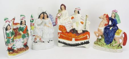 Three Staffordshire flatbacks of young lovers, together with a mounted figure of Empress of France