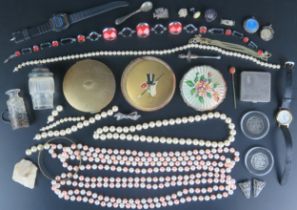 A Deco Glass Costume Necklace, compacts including Stratton and Coty, watches, collectable 50p coins,