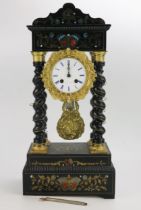 A 19th century French ebonised cut brass and red tortoiseshell inlaid Portico clock, the 9cm white