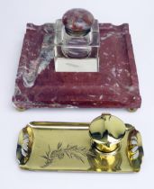 An Art Nouveau period brass ink well 18cm long, together with a marble and clear glass inkwell 19.