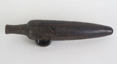 A Shona tribe carved wood scent bottle, with incised geometric decoration with wire bound spout,