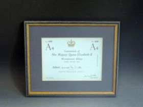 A ticket to the coronation Of Elizabeth II at Westminster Abbey, Tuesday 2nd June, 1953, mounted and